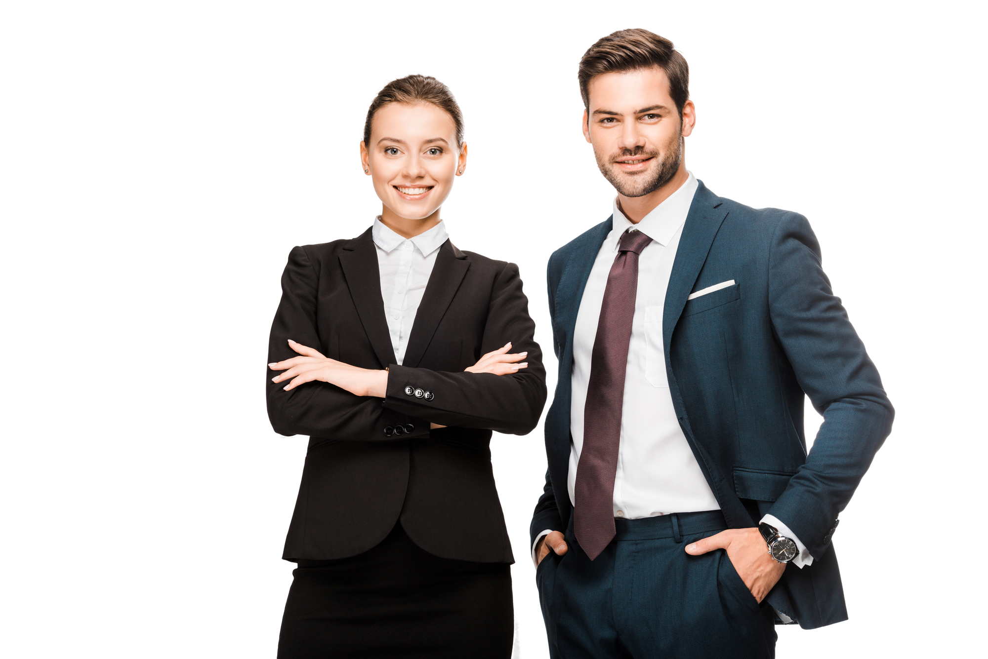 Man and woman at work smiling at camera and dressed in corporate clothes